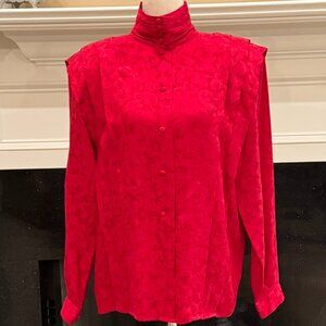 🔴 Betu Vintage Red Silk Jacquard High-Neck Blouse – Size 8